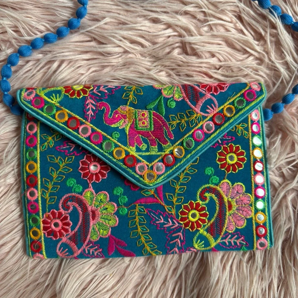 Blue Embroidered Flap Clutch with Pom Pom Cross Bodysuit Strap - Picture 2 of 7
